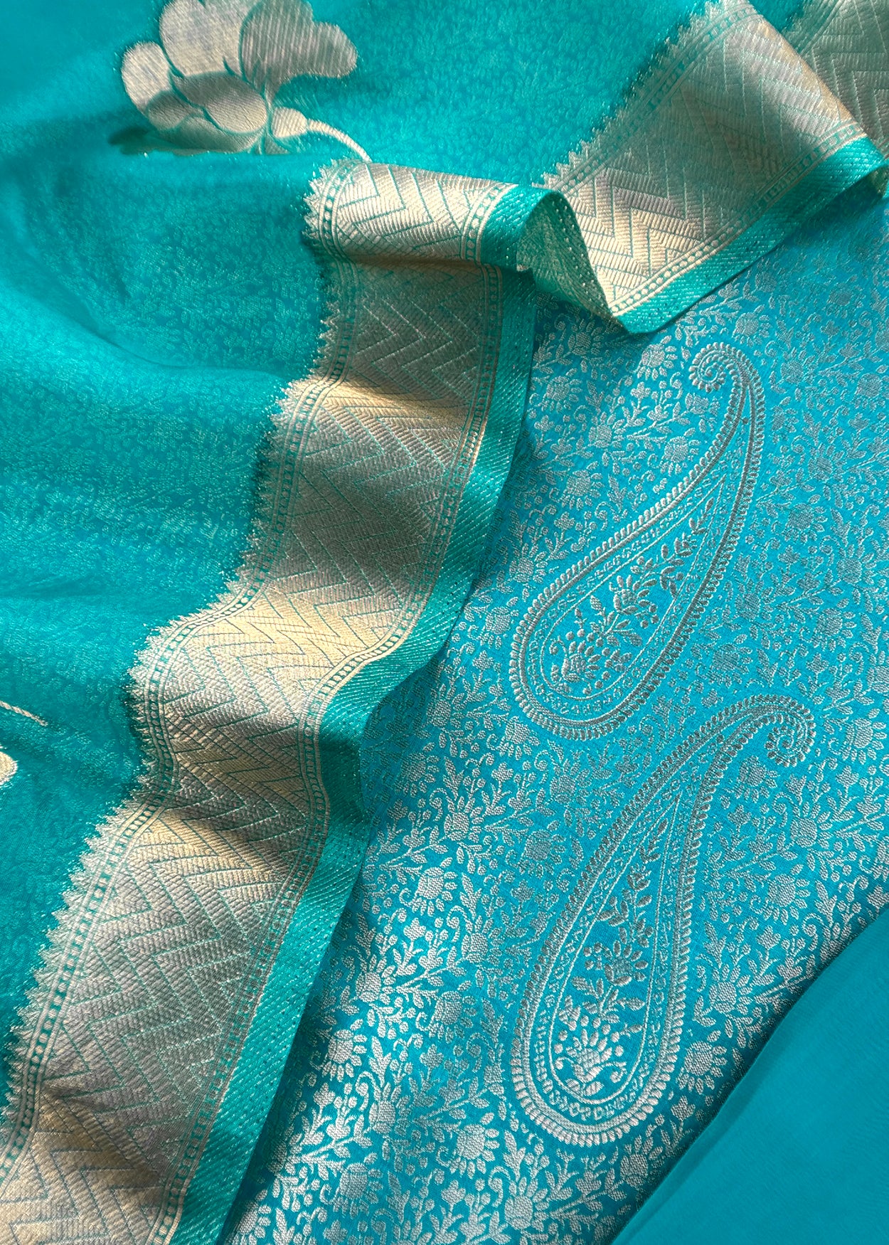 Sky Blue Designer Pure Brocade Silk Kurta and Organza Dupatta