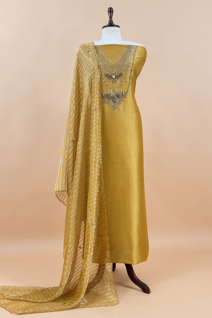 Yellow Tissue Silk Unstitched Suit With Zardosi And Jadau Navratna Handwork