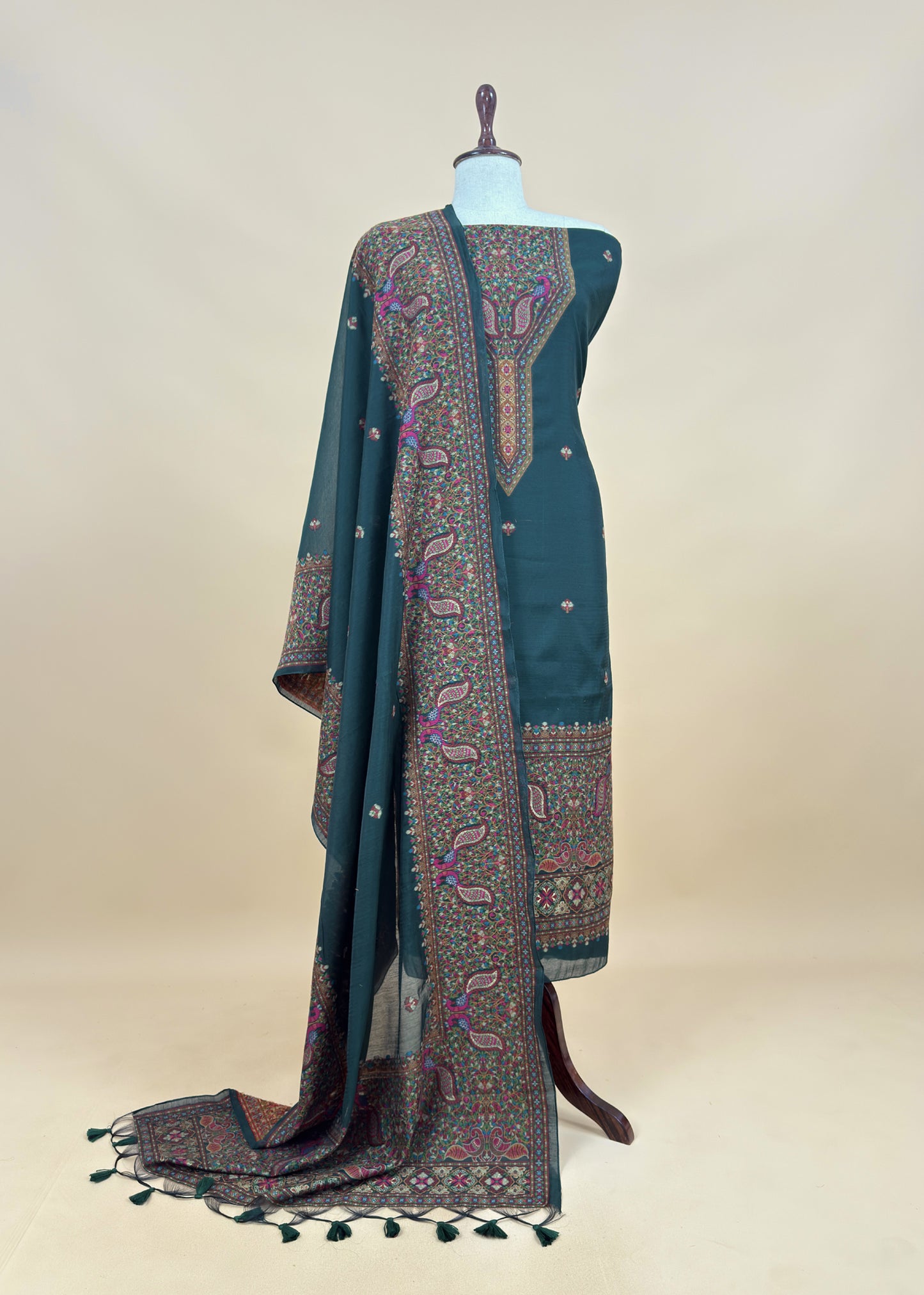 Brick Red linen Chanderi Suit Fabric With Multicolour Jamdani Weaving