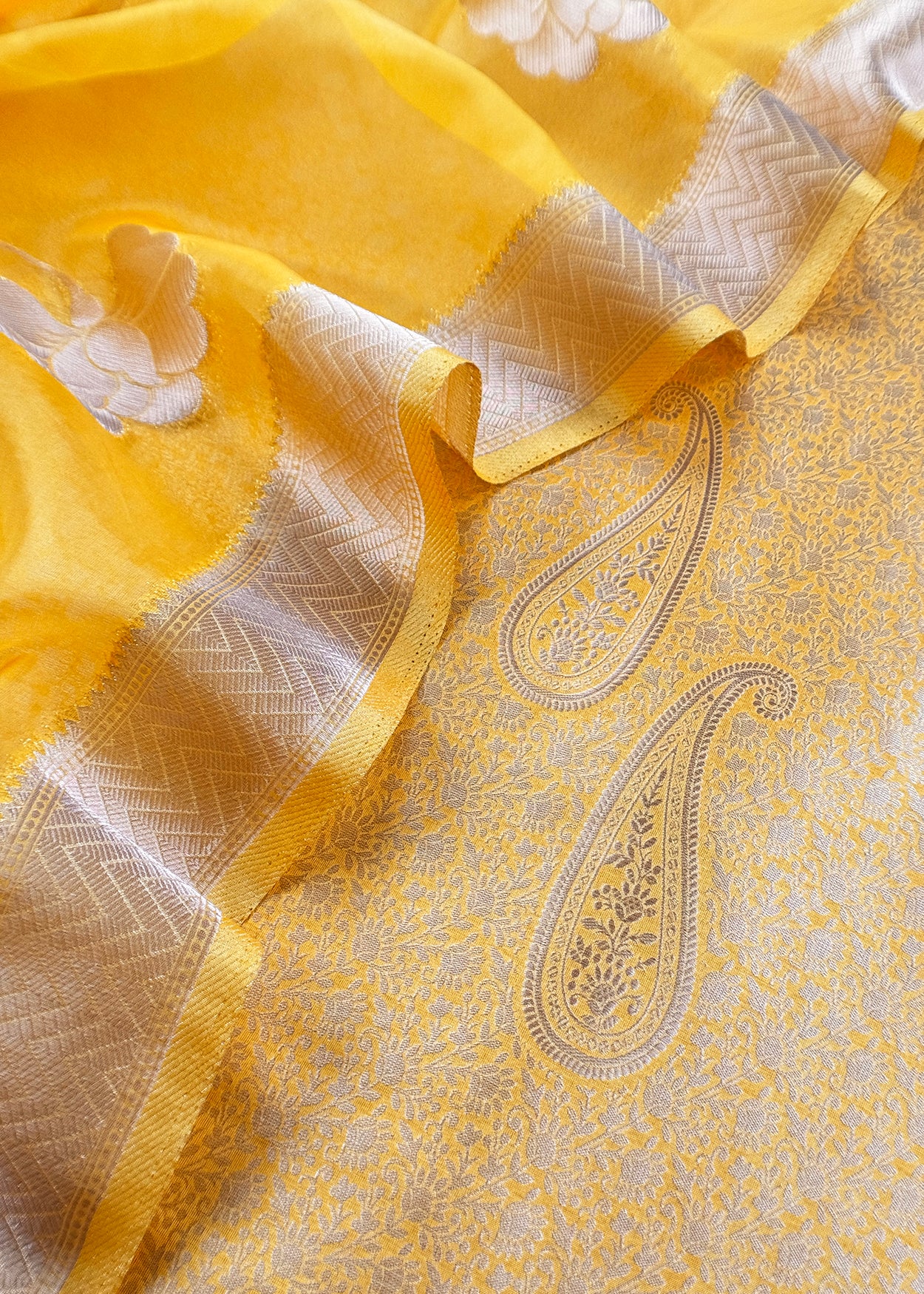 Yellow Designer Pure Brocade Silk Kurta and Organza Dupatta