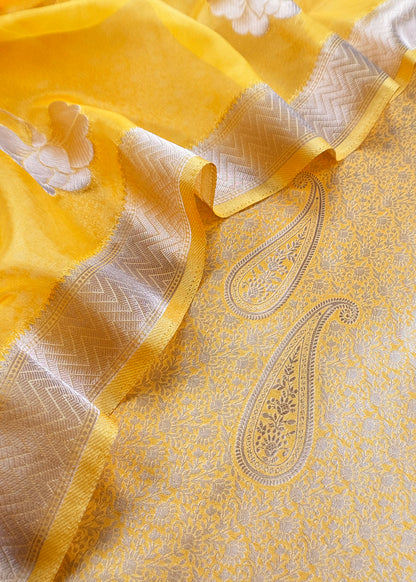 Yellow Designer Pure Brocade Silk Kurta and Organza Dupatta