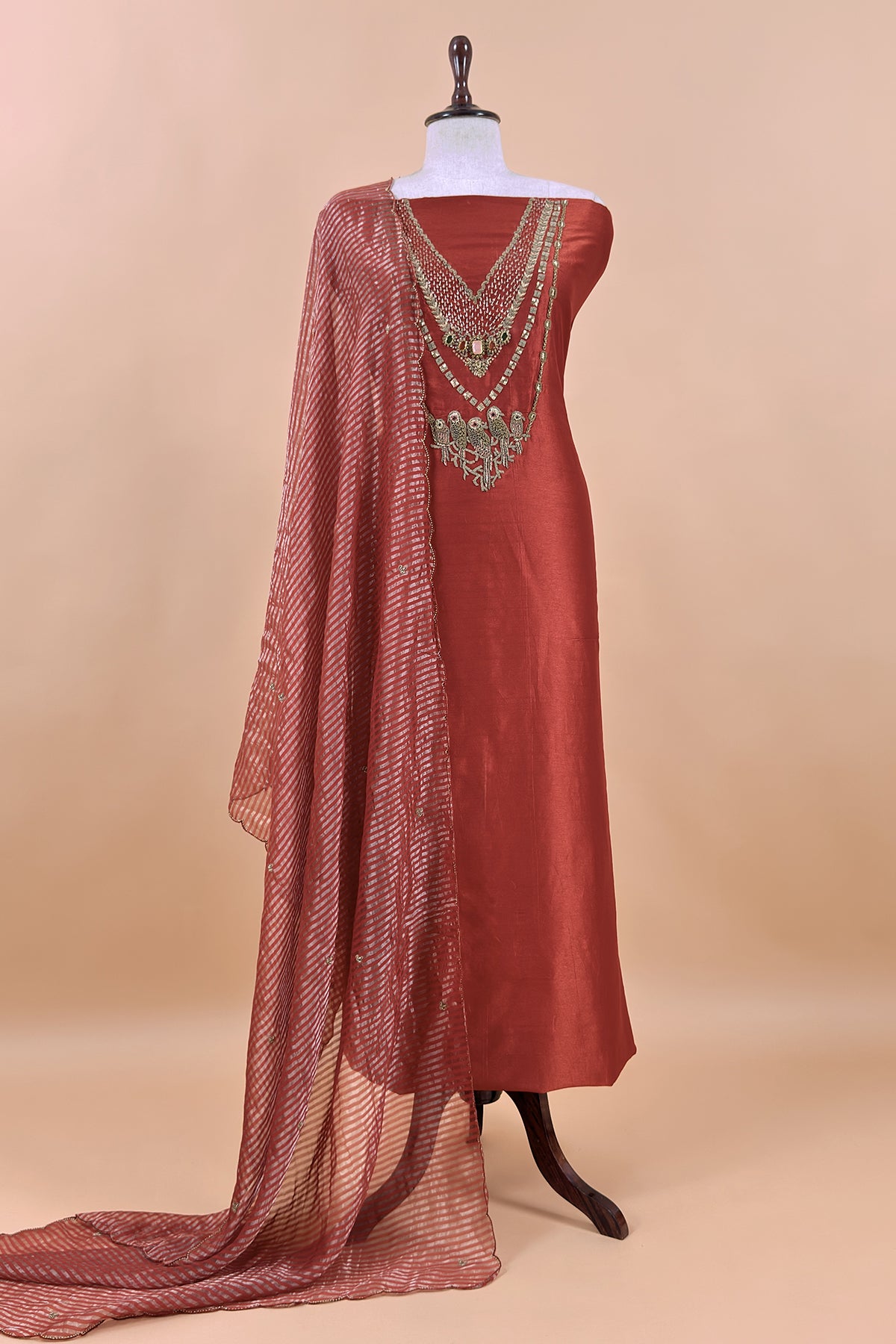 Rust Tissue Silk Unstitched Suit With Zardosi And Jadau Navratna Handwork