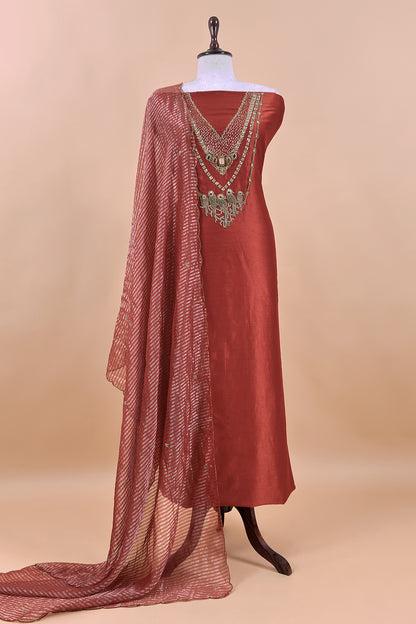Rust Tissue Silk Unstitched Suit With Zardosi And Jadau Navratna Handwork