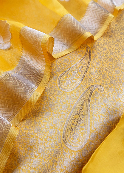 Yellow Designer Pure Brocade Silk Kurta and Organza Dupatta