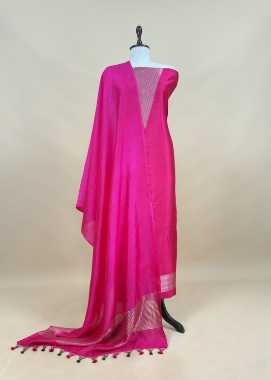 Designer Bright Pink Handloom silk suit with Zari weaving