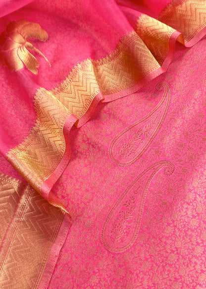 Pink Designer Pure Brocade Silk Kurta and Organza Dupatta