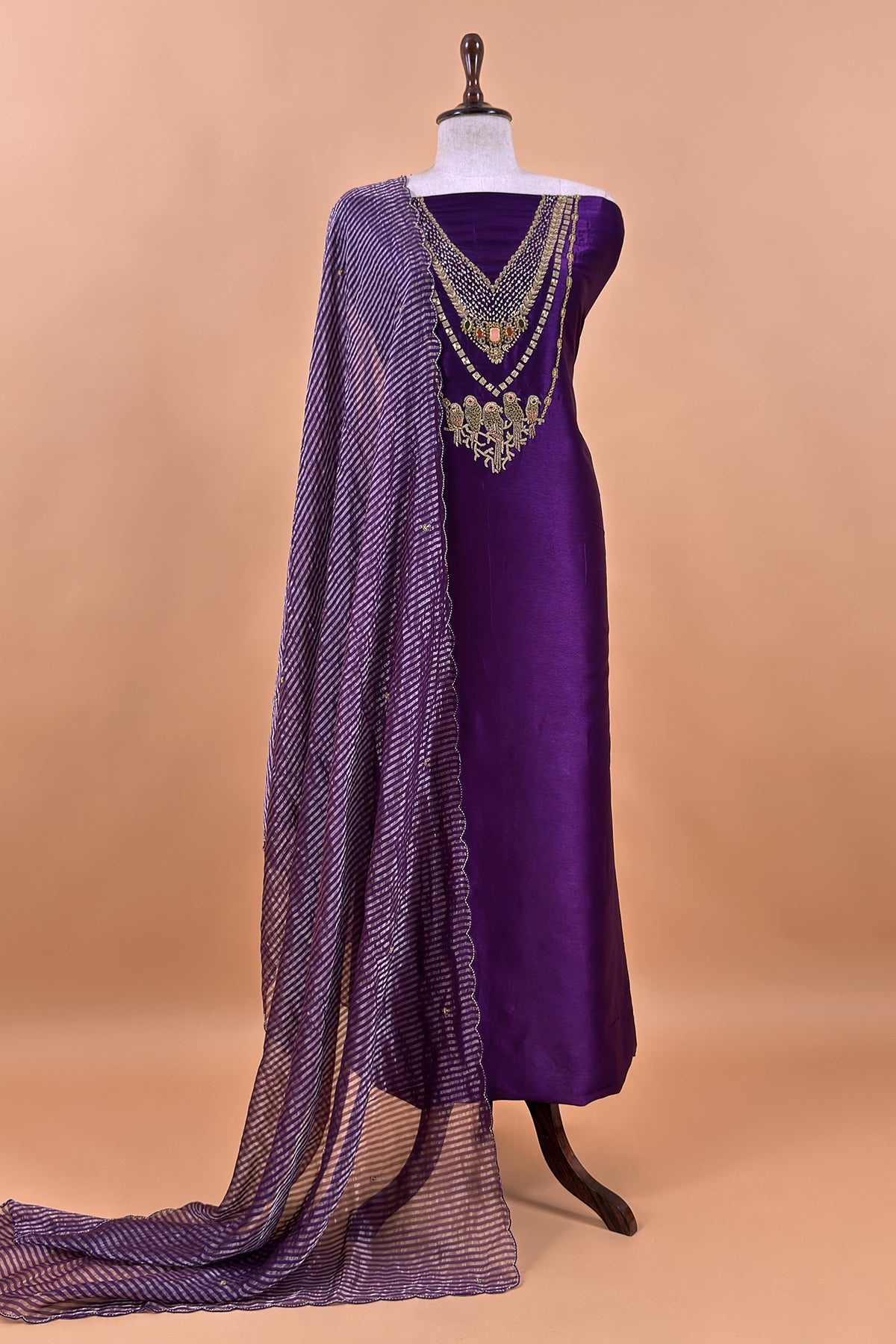 Purple Tissue Silk Unstitched Suit With Zardosi And Jadau Navratna Handwork