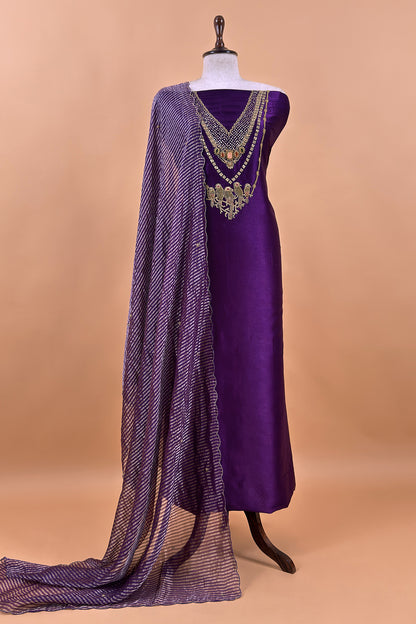 Purple Tissue Silk Unstitched Suit With Zardosi And Jadau Navratna Handwork