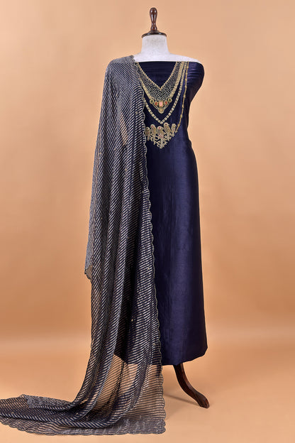 Navy Blue Tissue Silk Unstitched Suit With Zardosi And Jadau Navratna Handwork