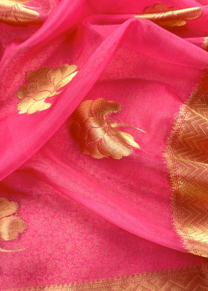 Pink Designer Pure Brocade Silk Kurta and Organza Dupatta