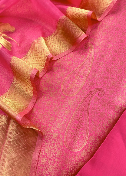 Pink Designer Pure Brocade Silk Kurta and Organza Dupatta