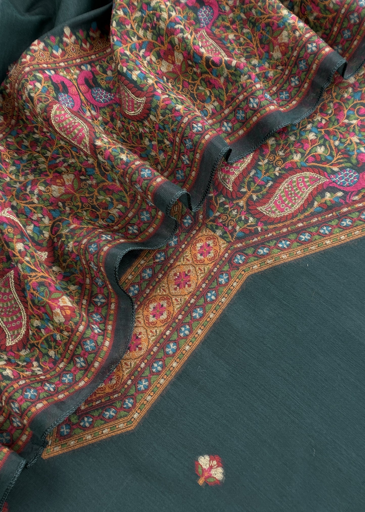 Green linen Chanderi Suit Fabric With Multicolour Jamdani Weaving