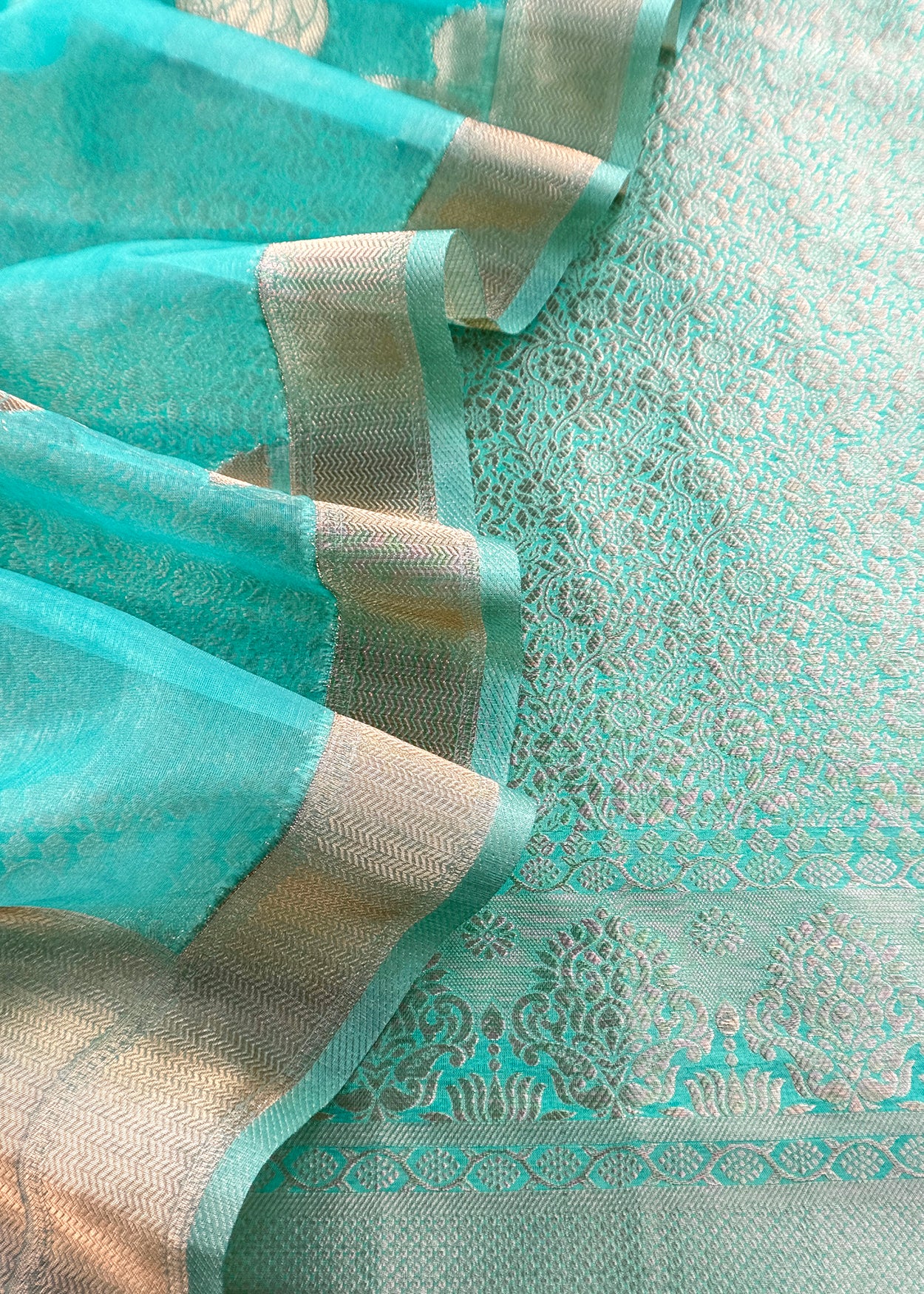 Sky Blue Designer Pure Brocade Silk Kurta and Organza Dupatta