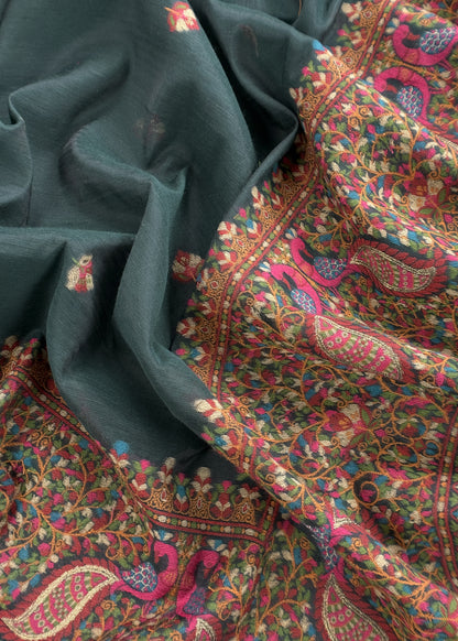 Green linen Chanderi Suit Fabric With Multicolour Jamdani Weaving