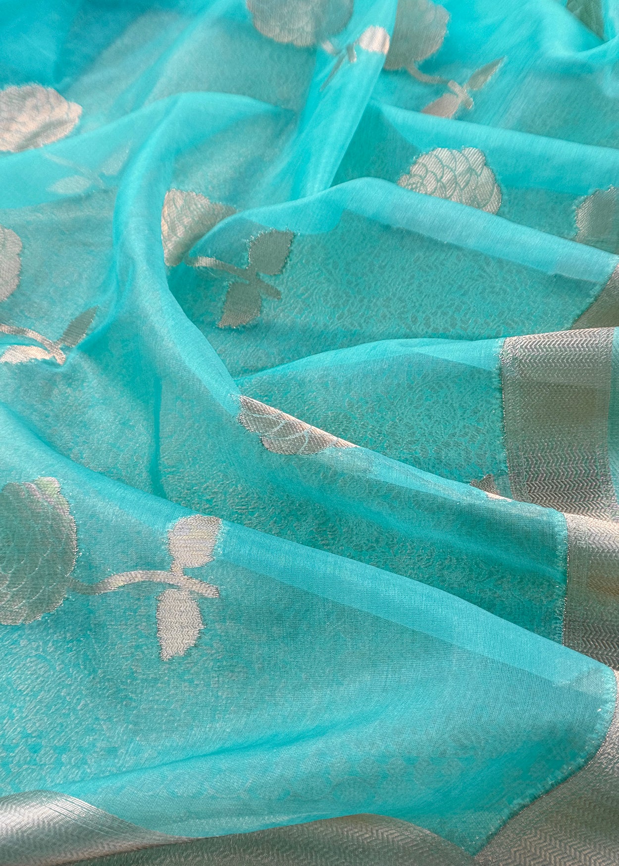 Sky Blue Designer Pure Brocade Silk Kurta and Organza Dupatta