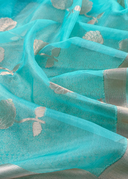 Sky Blue Designer Pure Brocade Silk Kurta and Organza Dupatta