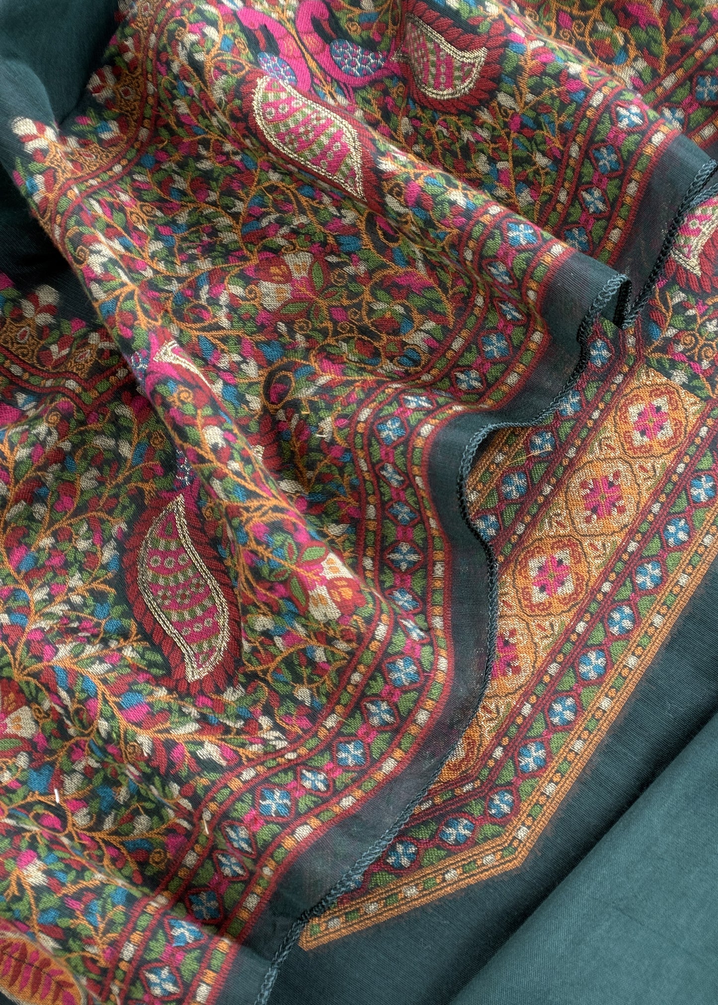 Green linen Chanderi Suit Fabric With Multicolour Jamdani Weaving