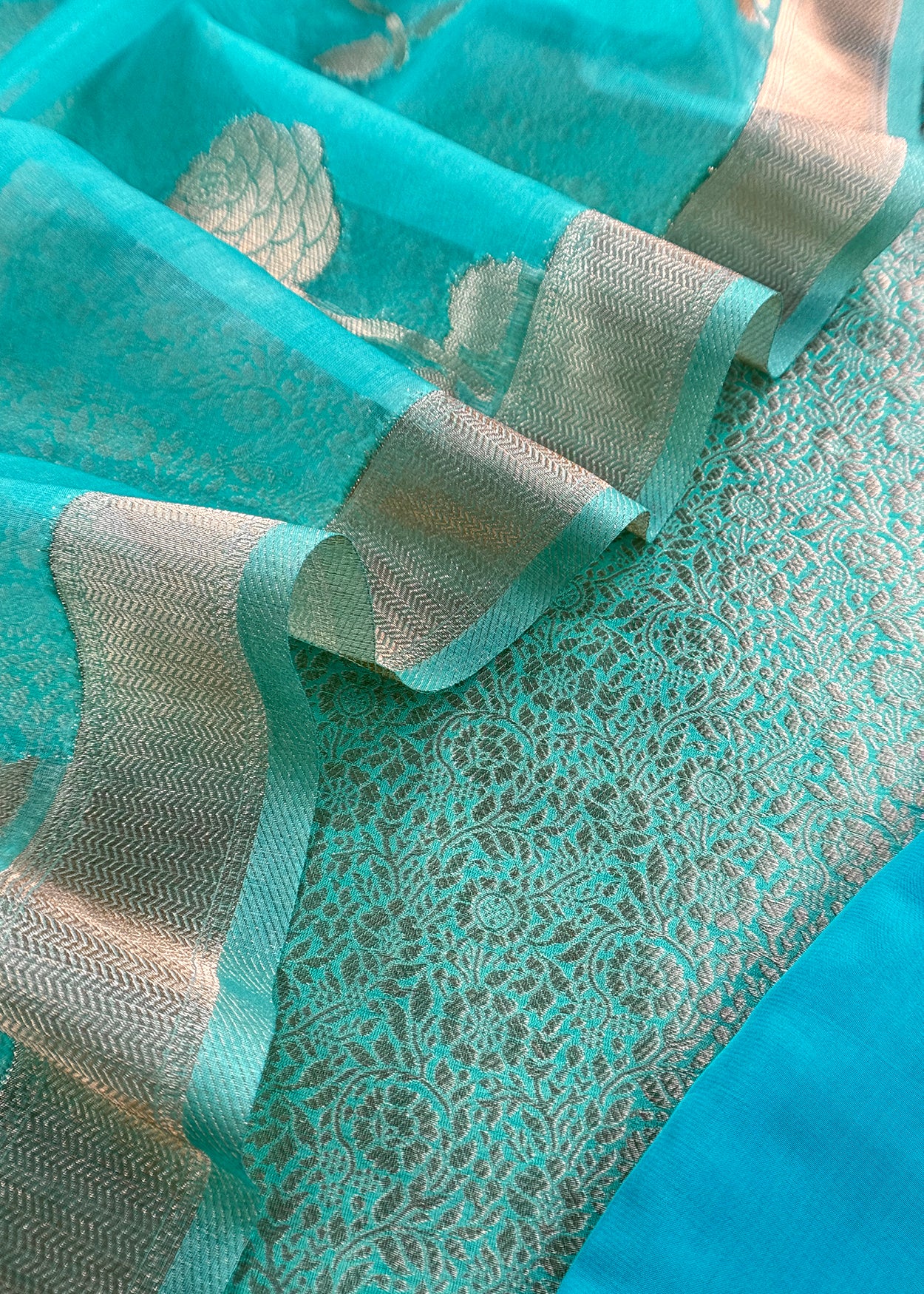 Sky Blue Designer Pure Brocade Silk Kurta and Organza Dupatta