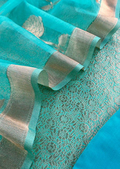 Sky Blue Designer Pure Brocade Silk Kurta and Organza Dupatta