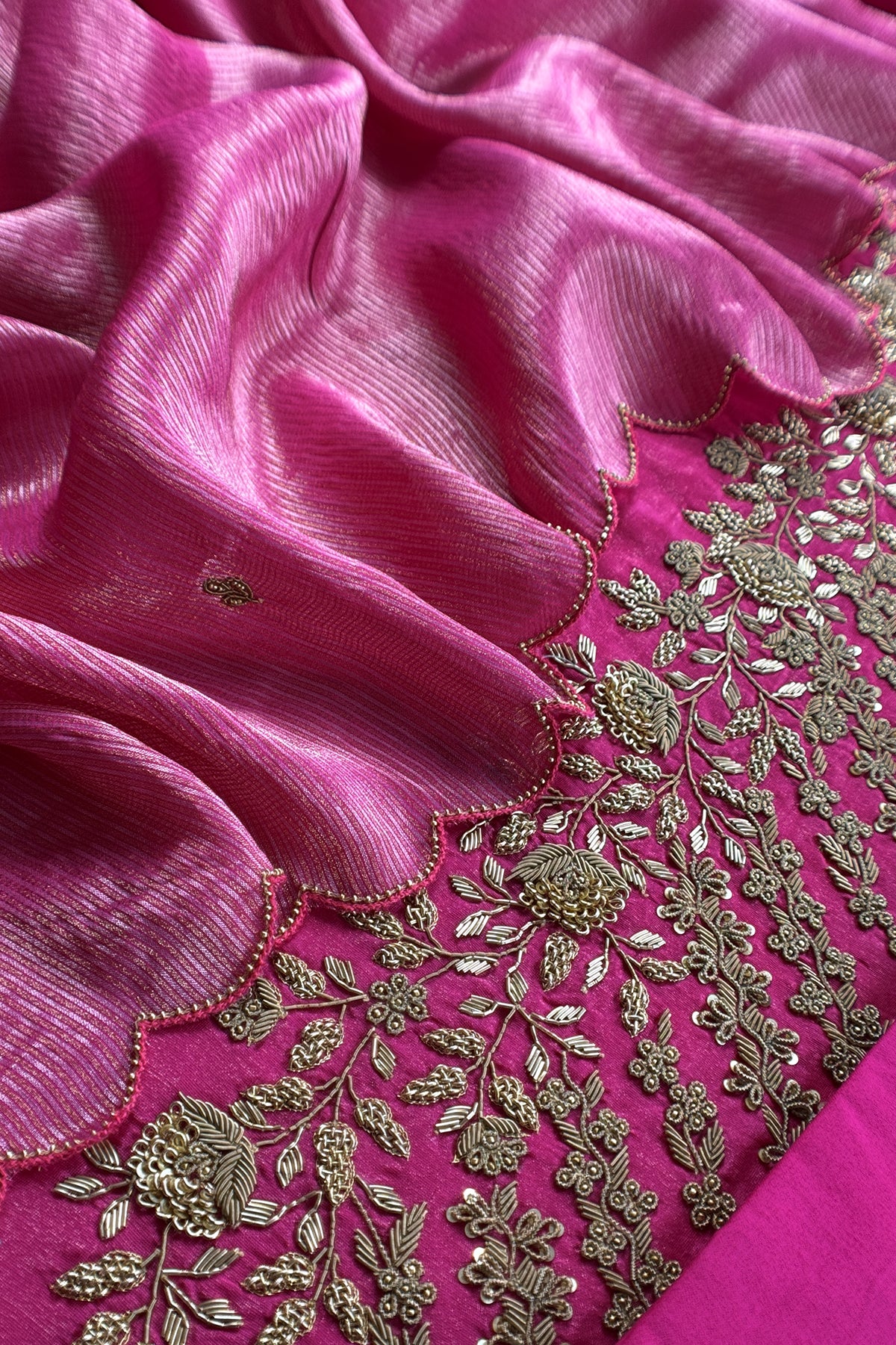 Rani Pink Pure Silk Suit With Tissue Silk Dupatta