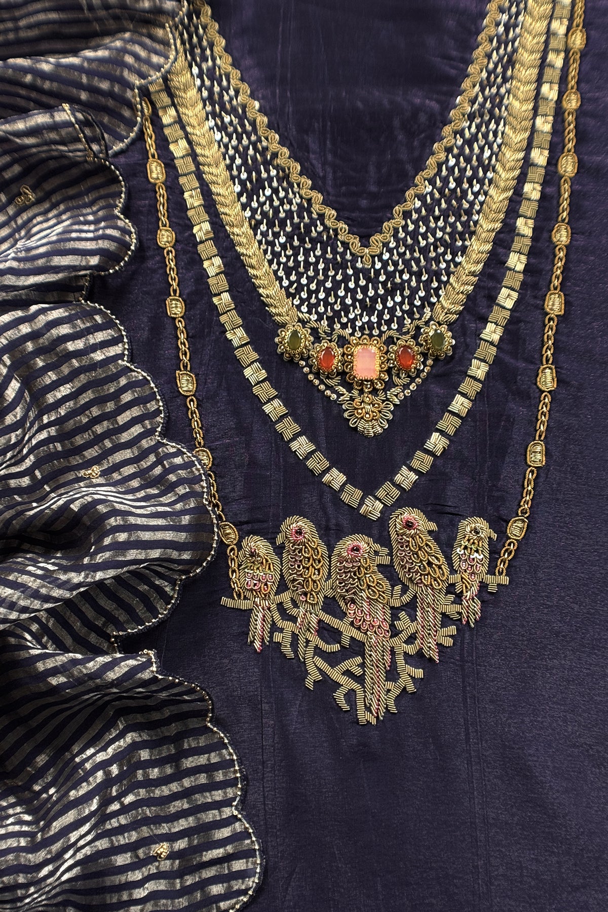 Navy Blue Tissue Silk Unstitched Suit With Zardosi And Jadau Navratna Handwork