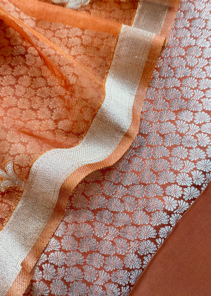 Rust  Designer Pure Brocade silk kurta and organza dupatta