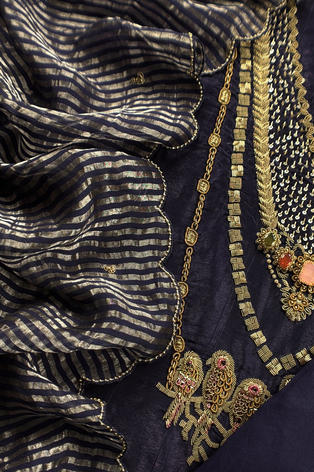 Navy Blue Tissue Silk Unstitched Suit With Zardosi And Jadau Navratna Handwork