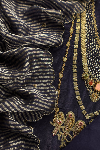 Navy Blue Tissue Silk Unstitched Suit With Zardosi And Jadau Navratna Handwork