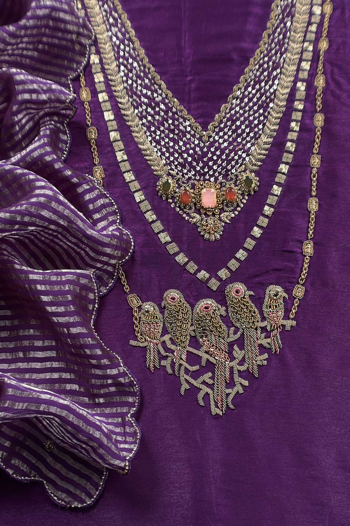 Purple Tissue Silk Unstitched Suit With Zardosi And Jadau Navratna Handwork