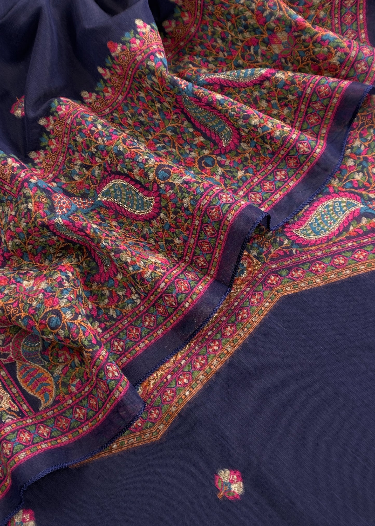 Blue linen Chanderi Suit Fabric with multicolour Jamdani weaving