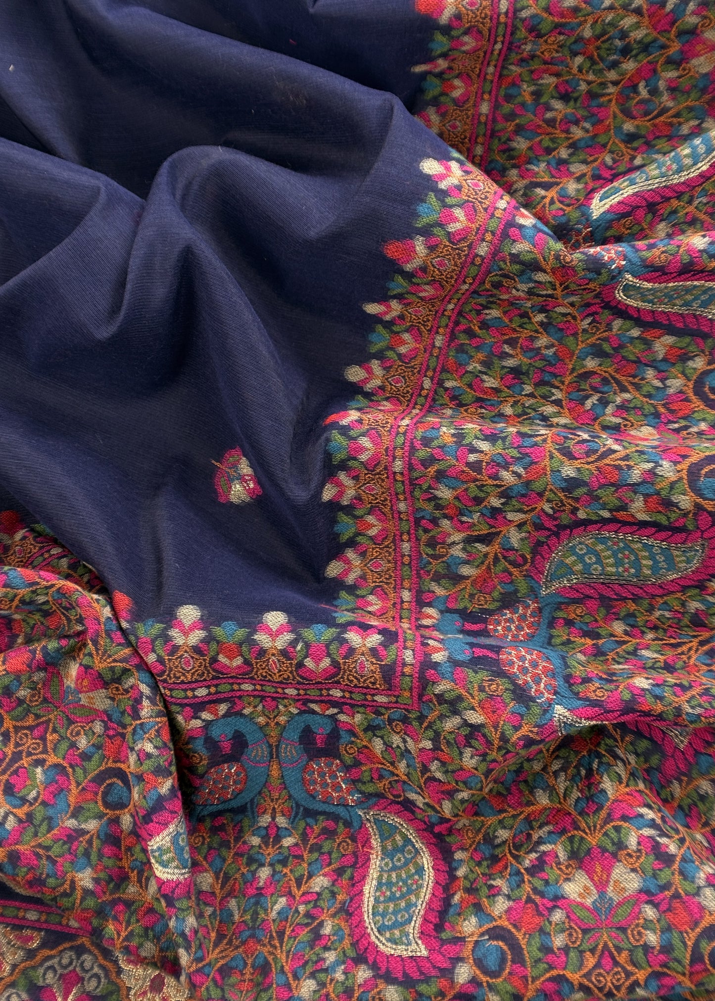 Blue linen Chanderi Suit Fabric with multicolour Jamdani weaving