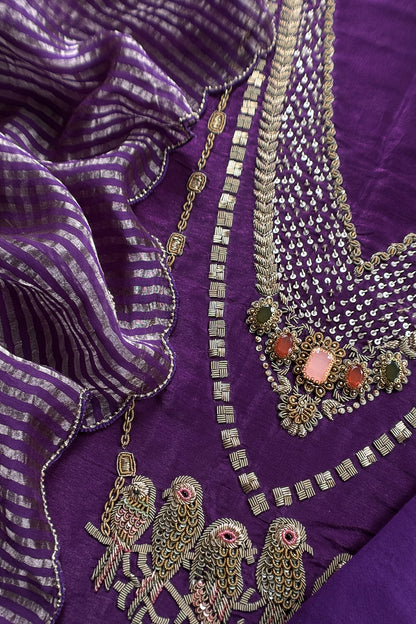Purple Tissue Silk Unstitched Suit With Zardosi And Jadau Navratna Handwork