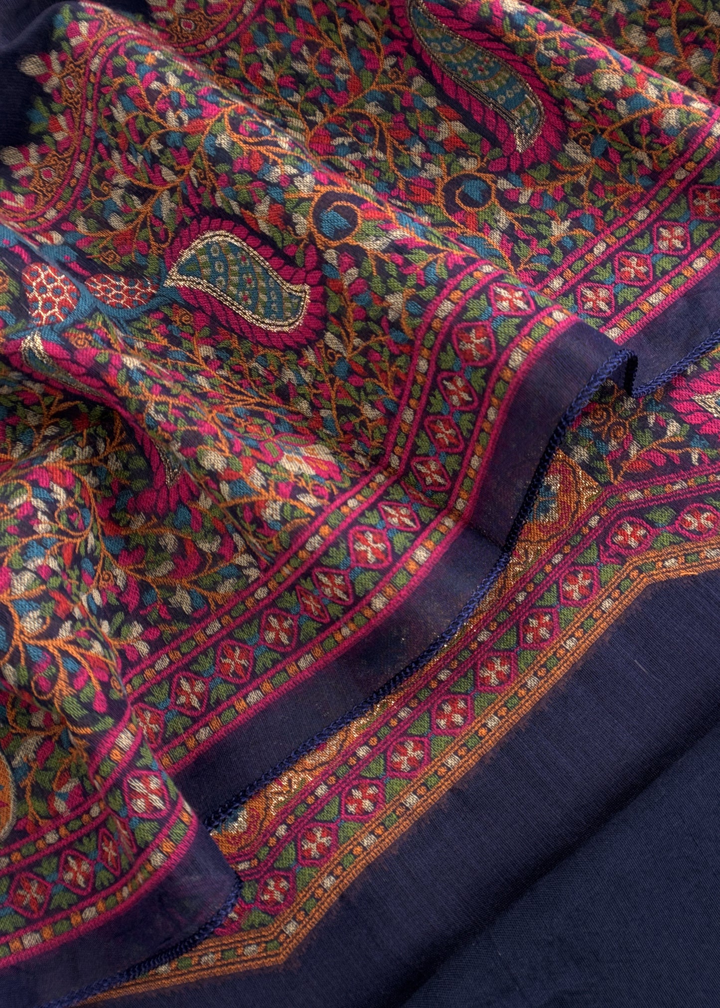 Blue linen Chanderi Suit Fabric with multicolour Jamdani weaving