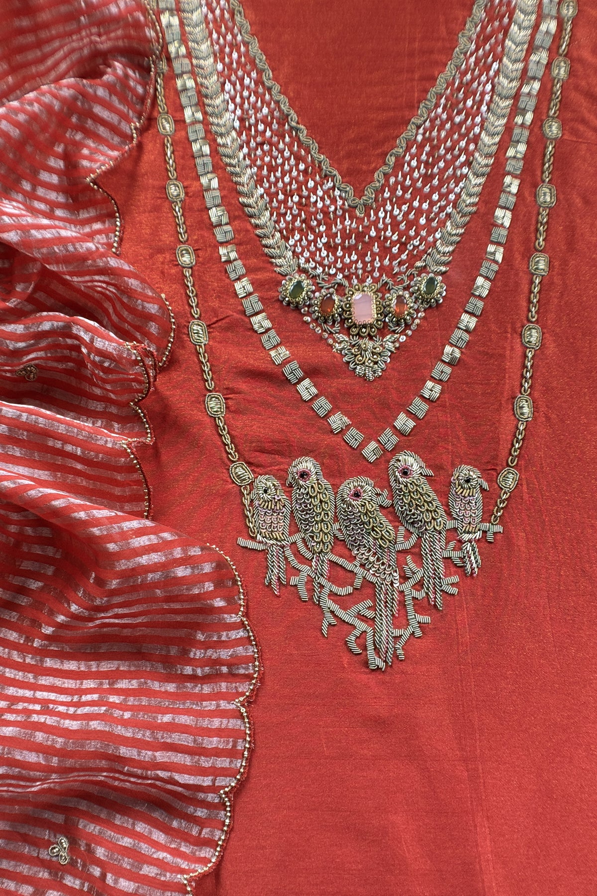 Rust Tissue Silk Unstitched Suit With Zardosi And Jadau Navratna Handwork
