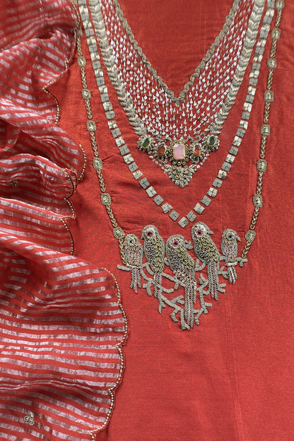 Rust Tissue Silk Unstitched Suit With Zardosi And Jadau Navratna Handwork