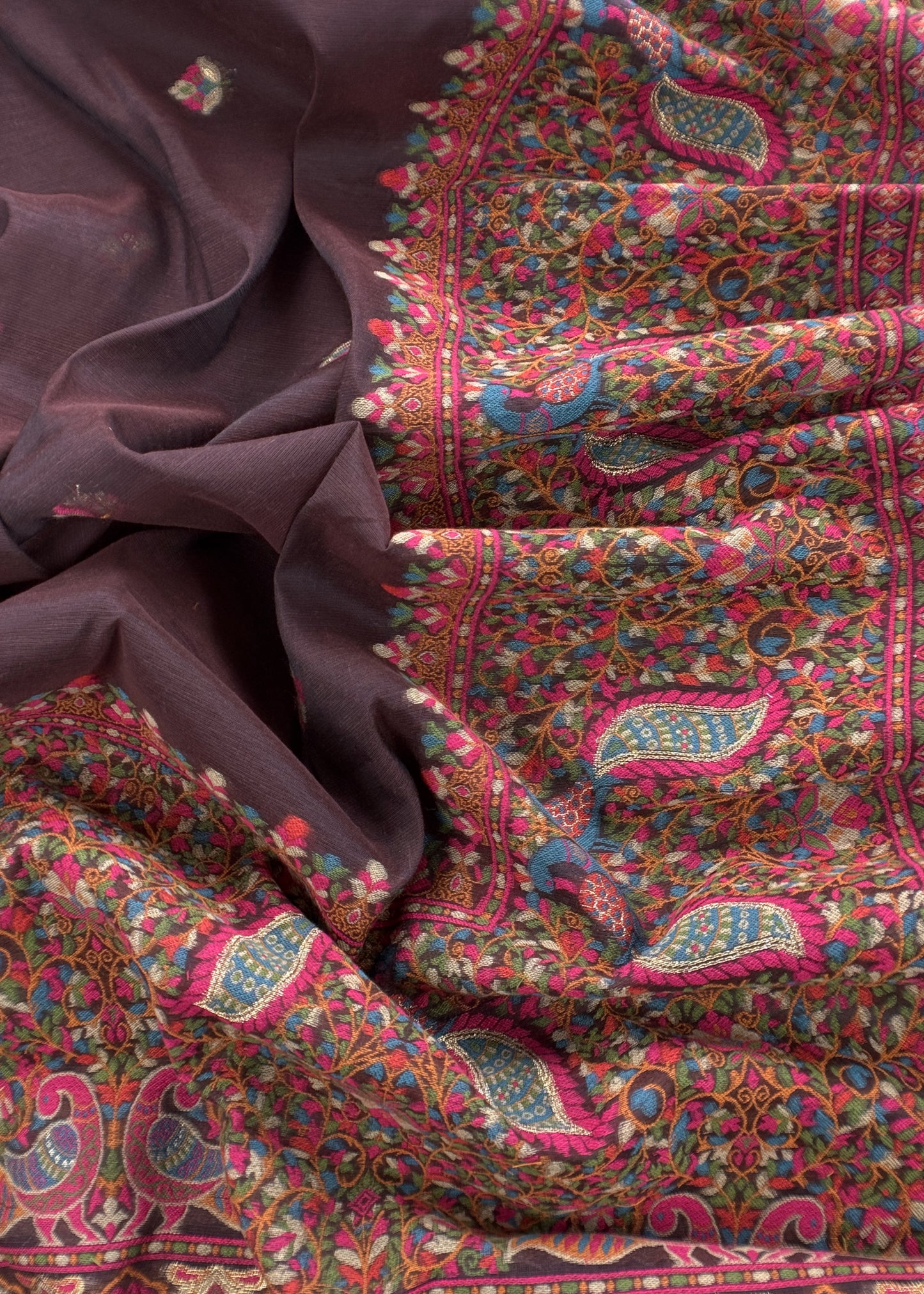 Brown linen Chanderi Suit Fabric With Multicolour Jamdani Weaving