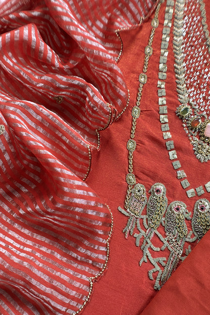 Rust Tissue Silk Unstitched Suit With Zardosi And Jadau Navratna Handwork