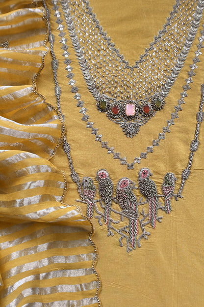 Yellow Tissue Silk Unstitched Suit With Zardosi And Jadau Navratna Handwork