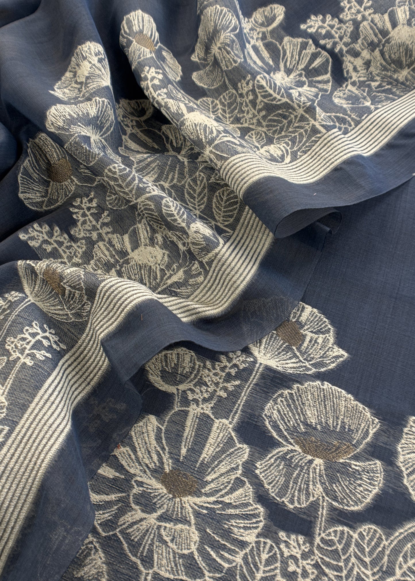 Blue Floral Jamdani Weaved Unstitched Suit In Linen Chanderi