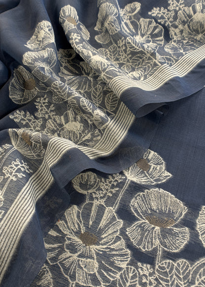 Blue Floral Jamdani Weaved Unstitched Suit In Linen Chanderi