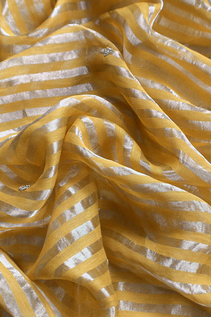 Yellow Tissue Silk Unstitched Suit With Zardosi And Jadau Navratna Handwork