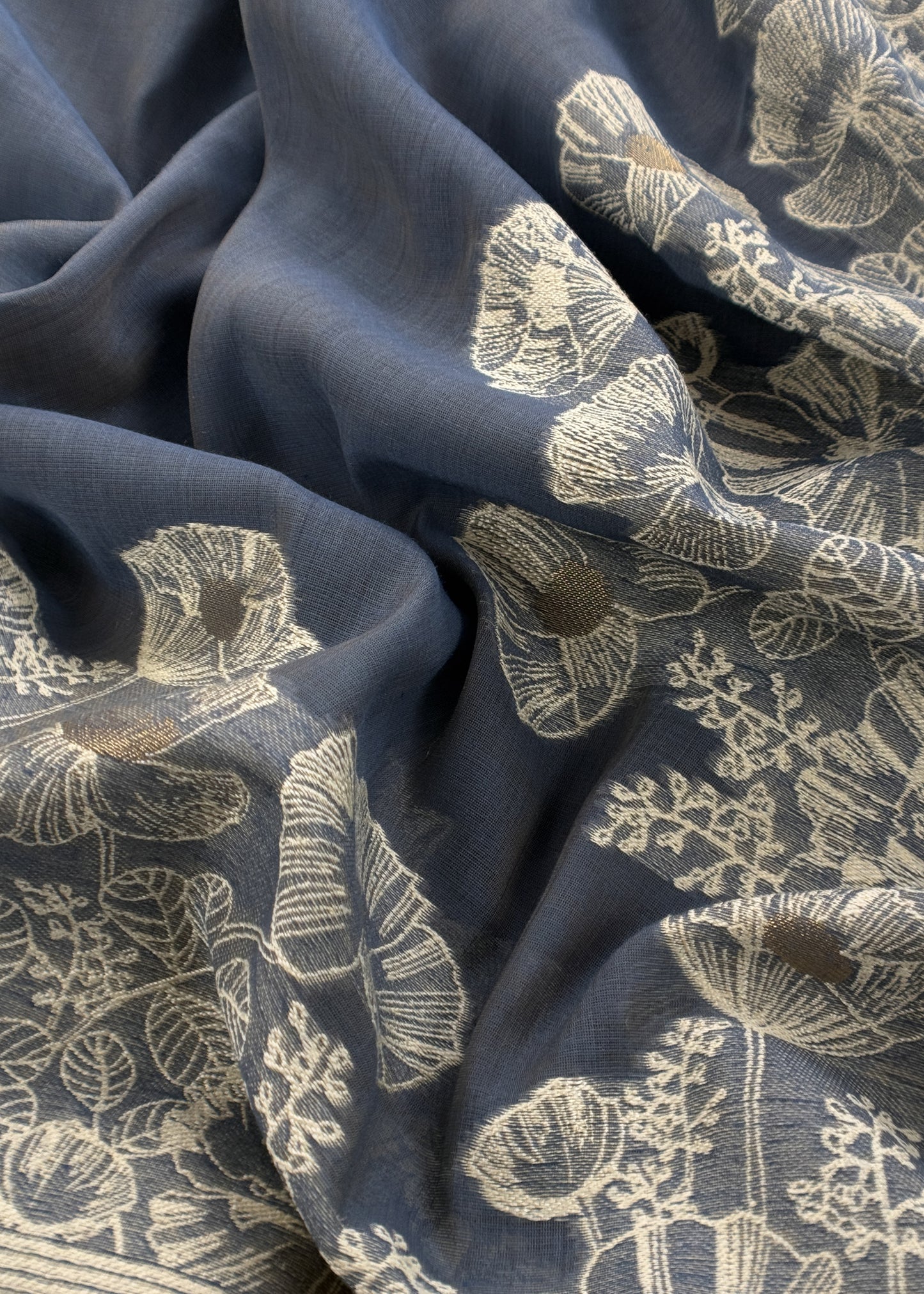 Blue Floral Jamdani Weaved Unstitched Suit In Linen Chanderi