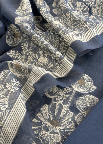 Blue Floral Jamdani Weaved Unstitched Suit In Linen Chanderi