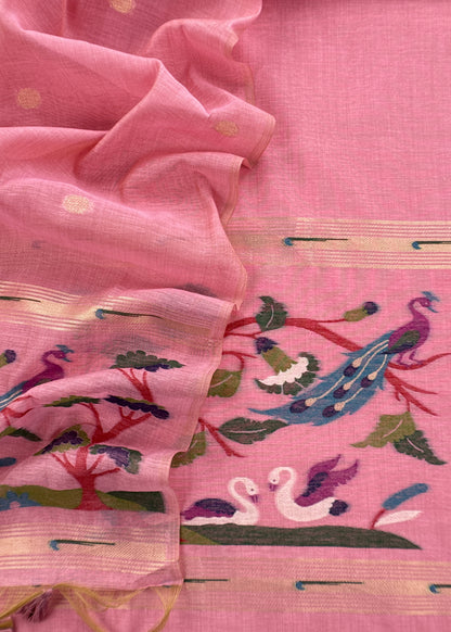 Pink Chanderi Linen Suit Fabric With Jamdani Weaving