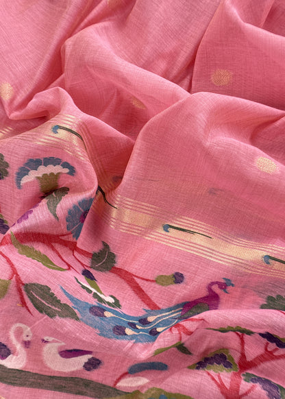 Pink Chanderi Linen Suit Fabric With Jamdani Weaving