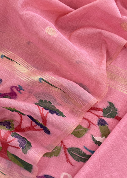 Pink Chanderi Linen Suit Fabric With Jamdani Weaving