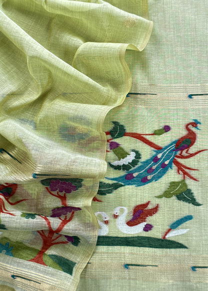 Green Chanderi Linen Suit Fabric With Jamdani Weaving