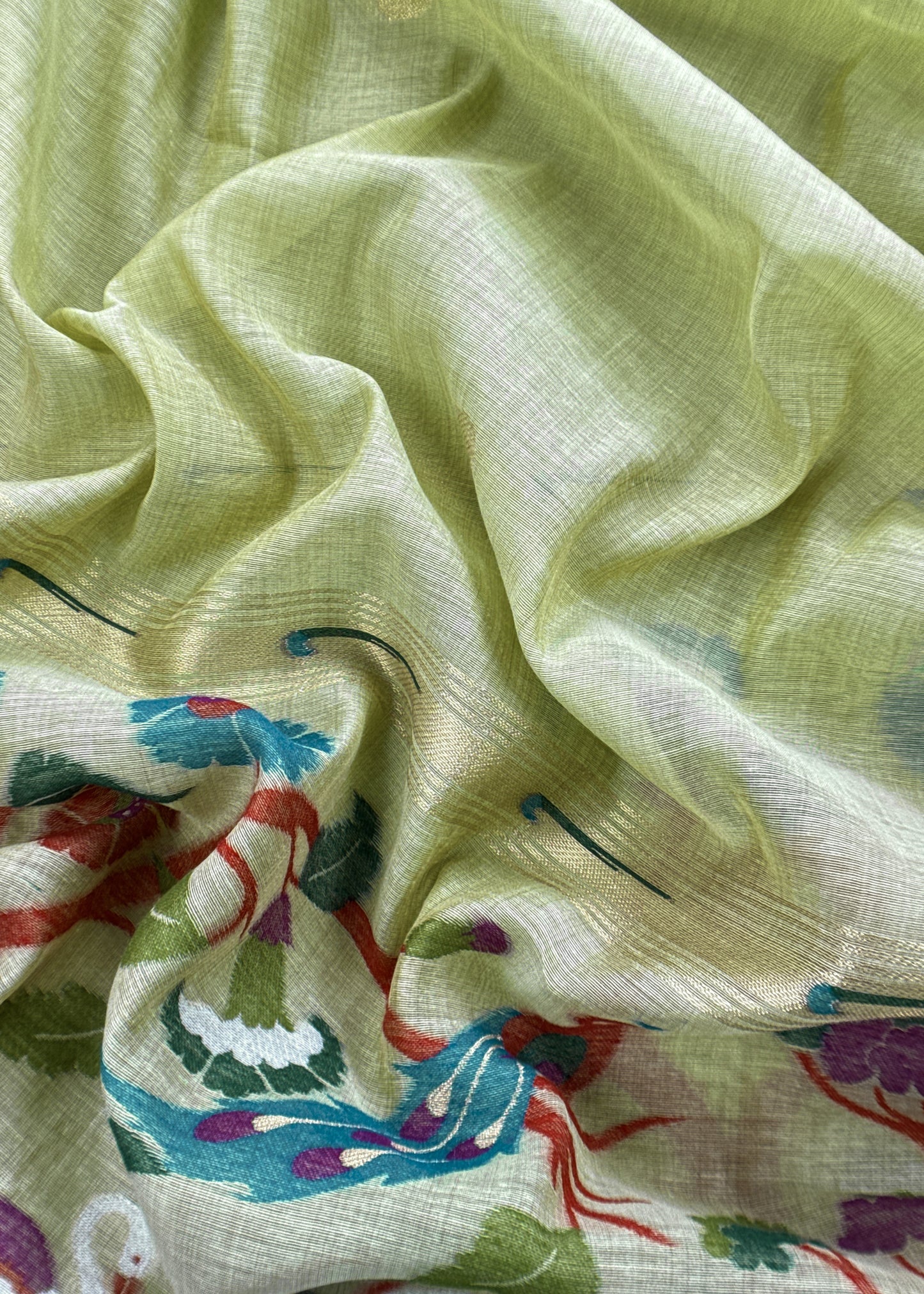 Green Chanderi Linen Suit Fabric With Jamdani Weaving