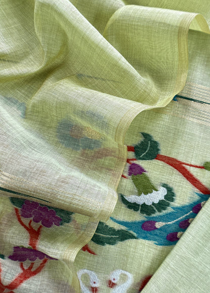 Green Chanderi Linen Suit Fabric With Jamdani Weaving