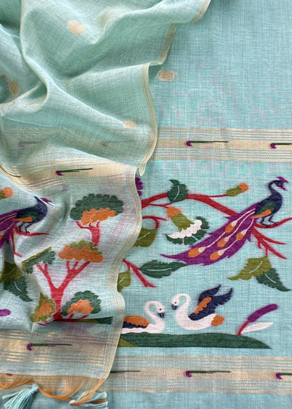Sky Blue Chanderi Linen Suit Fabric With Jamdani Weaving